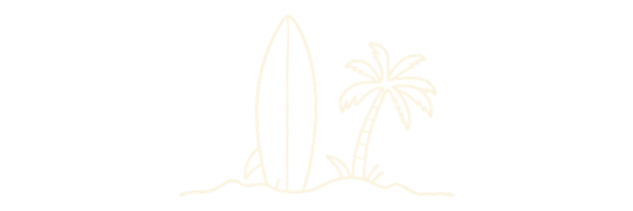 Ilustración de una tabla de surf y una palmera en la playa